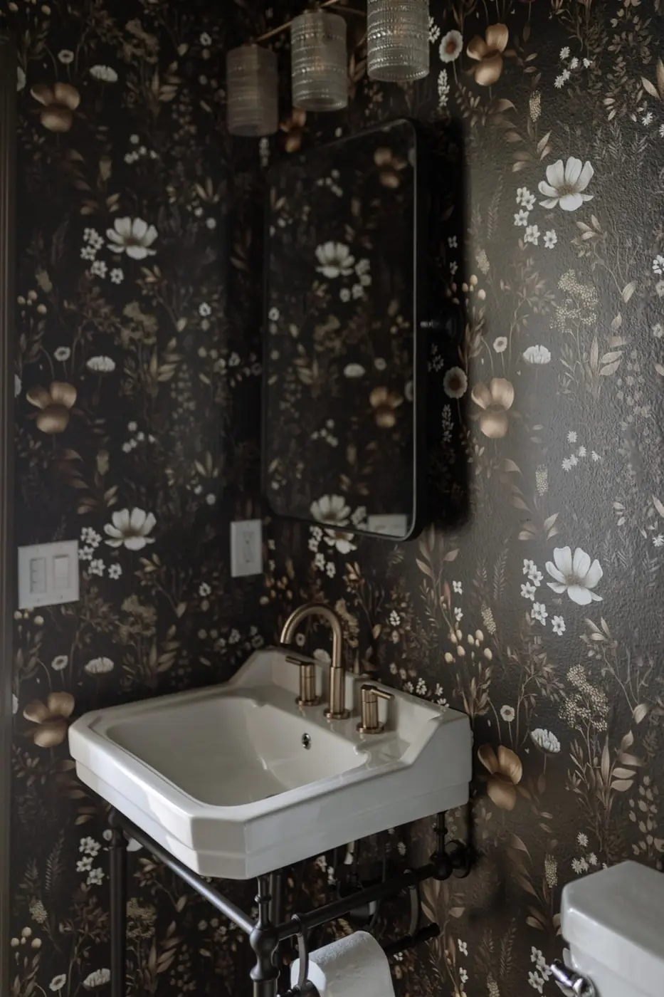 Powder room with dark floral wallpaper, a pedestal sink and brass fixtures