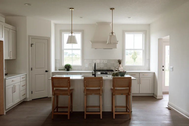 Kitchen with creamy white cabinets, honey stained island and custom hood in the Warren Craftsman by Ground Breaker Homes